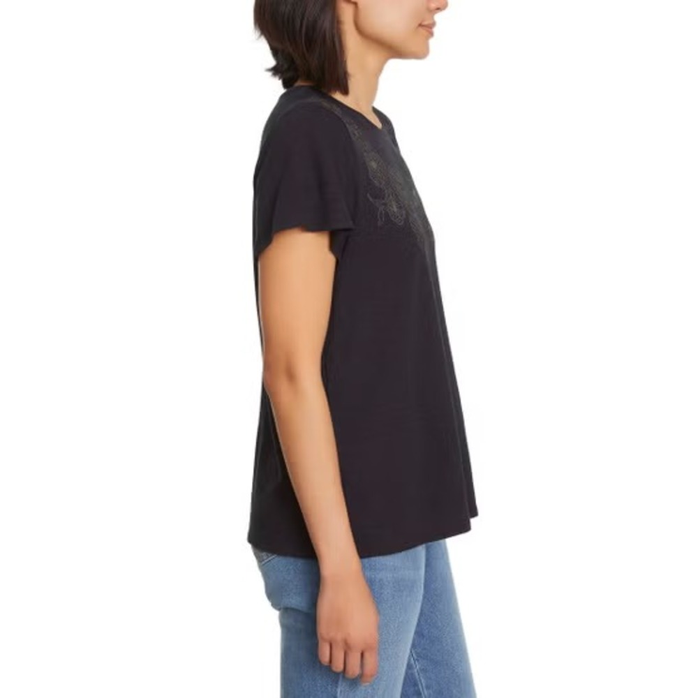 Ella Moss Women's Short Sleeve Embroidered Top, Black, Size: Medium, New - Picture 2 of 5